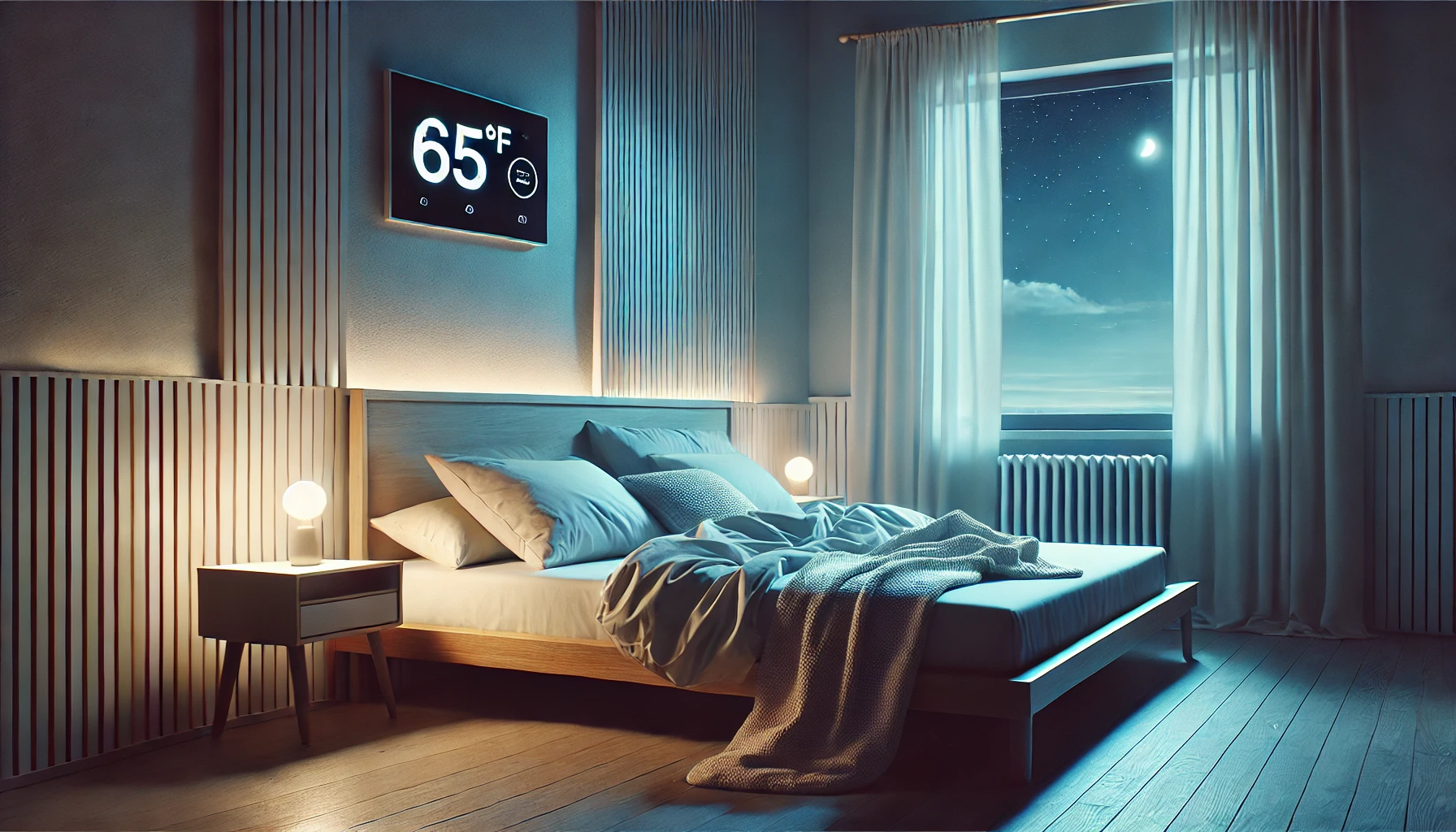 A cinematic nighttime bedroom scene with a peaceful, calming atmosphere, illustrating the Best Bedroom Temperature for Sleep and how a cool environment supports deeper rest.