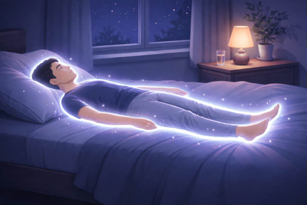 Peaceful 16:9 illustration of a person lying in bed in a dark, tranquil room, practicing meditation before sleep to calm the mind and prepare for rest.