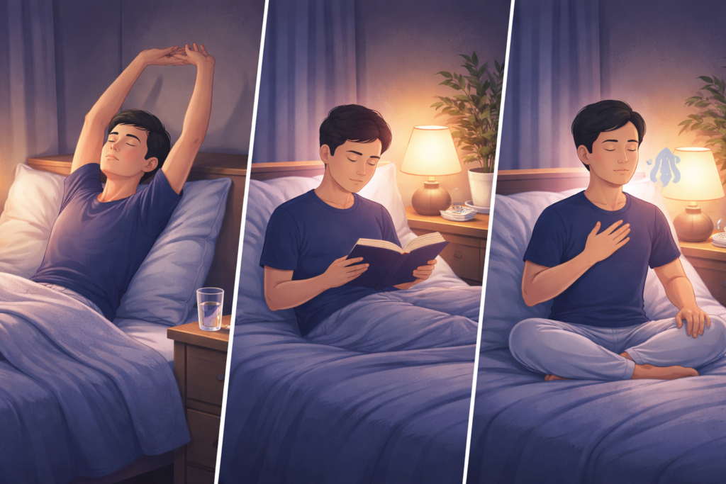 Calming evening routine in bed showing how to improve sleep quality through gentle wind-down habits, low lighting, and a relaxed nighttime environment.