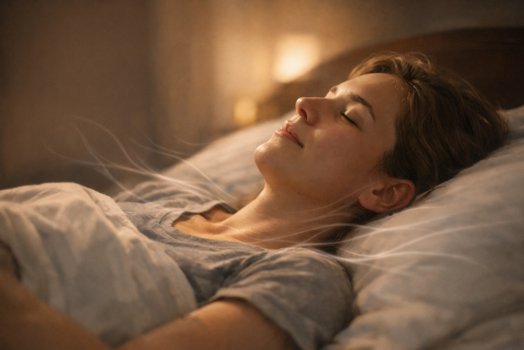 How to Stop Waking Up at Night and Sleep Through — Softly lit, cinematic scene of a person lying in bed with eyes closed, shoulders and jaw relaxed as faint wispy lines fade away, symbolizing tension releasing in a calm nighttime setting.