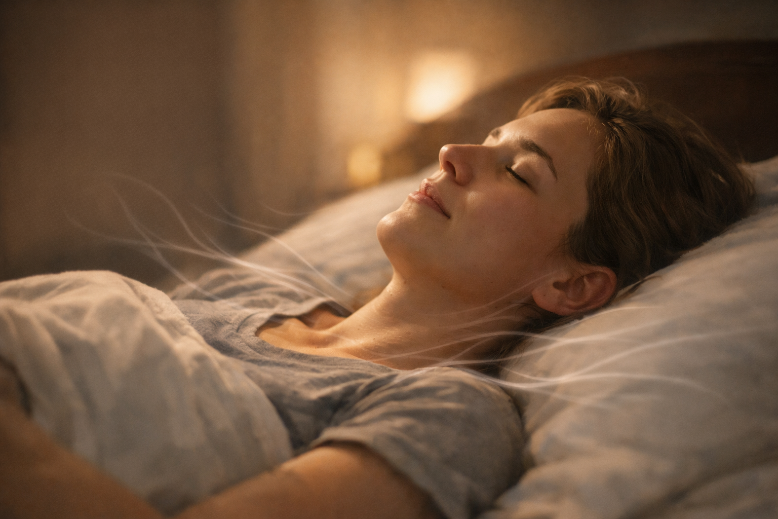 How to Stop Waking Up at Night and Sleep Through — Softly lit, cinematic scene of a person lying in bed with eyes closed, shoulders and jaw relaxed as faint wispy lines fade away, symbolizing tension releasing in a calm nighttime setting.