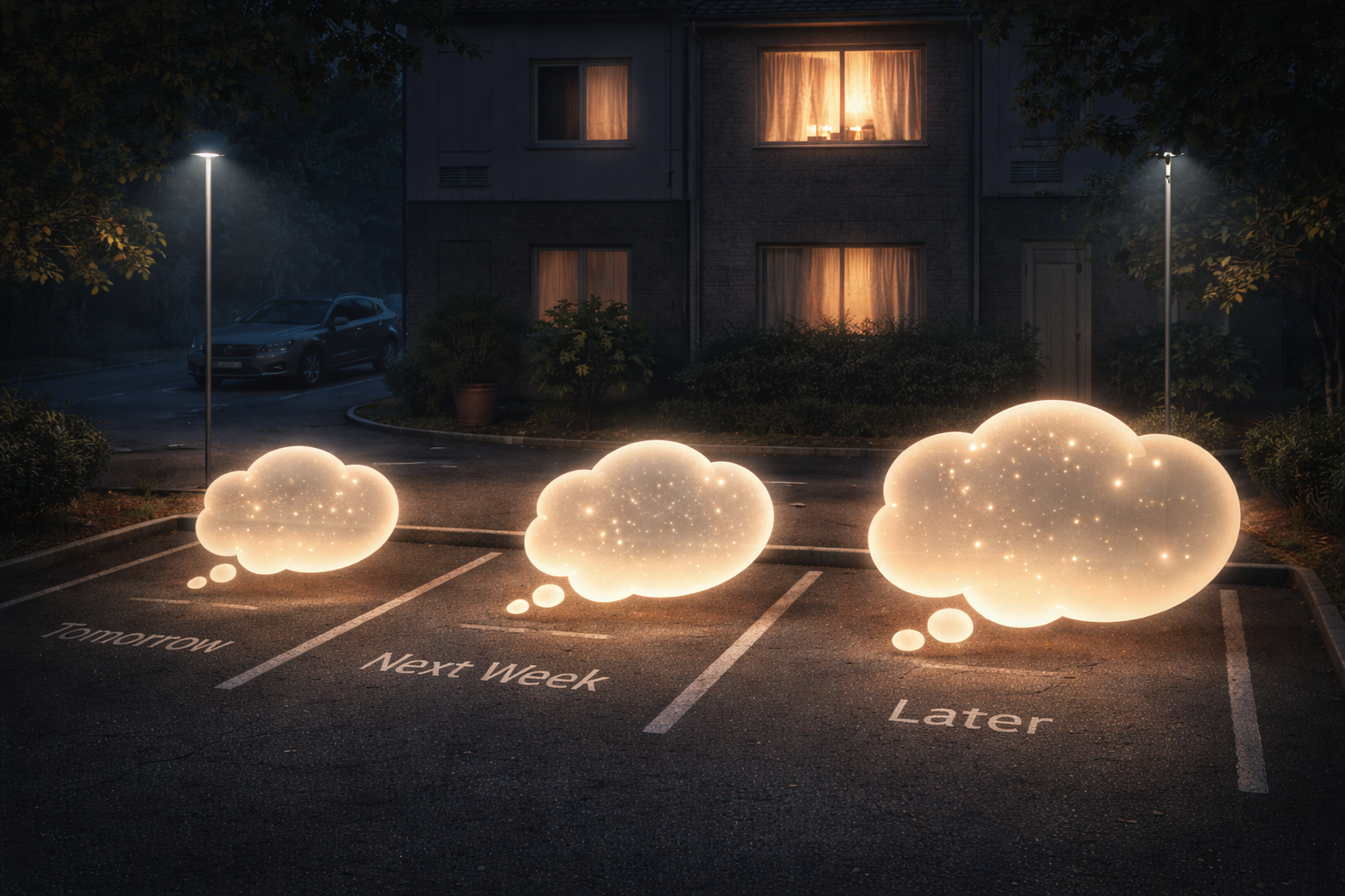 How to Calm Your Mind Before Bed — Surreal night parking lot with glowing thought bubbles parked in spaces labeled “Tomorrow,” “Next Week,” and “Later,” beneath a softly lit bedroom window.