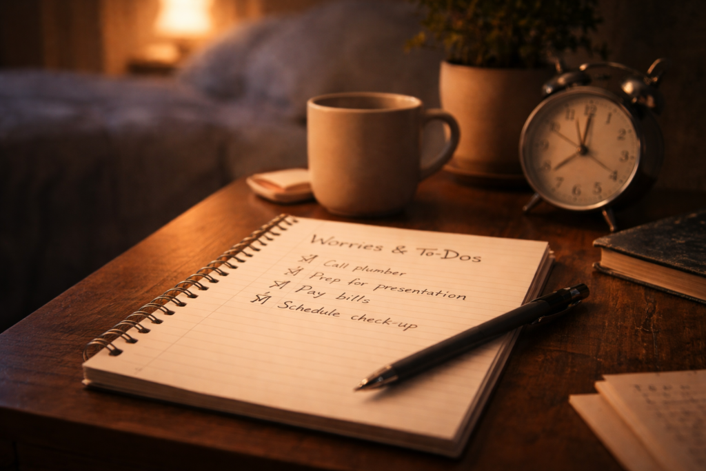 How to Calm Your Mind Before Bed — Close-up of a bedside table with an open notebook listing handwritten worries and to-do items, softly lit while the bedroom behind it remains dark and quiet.