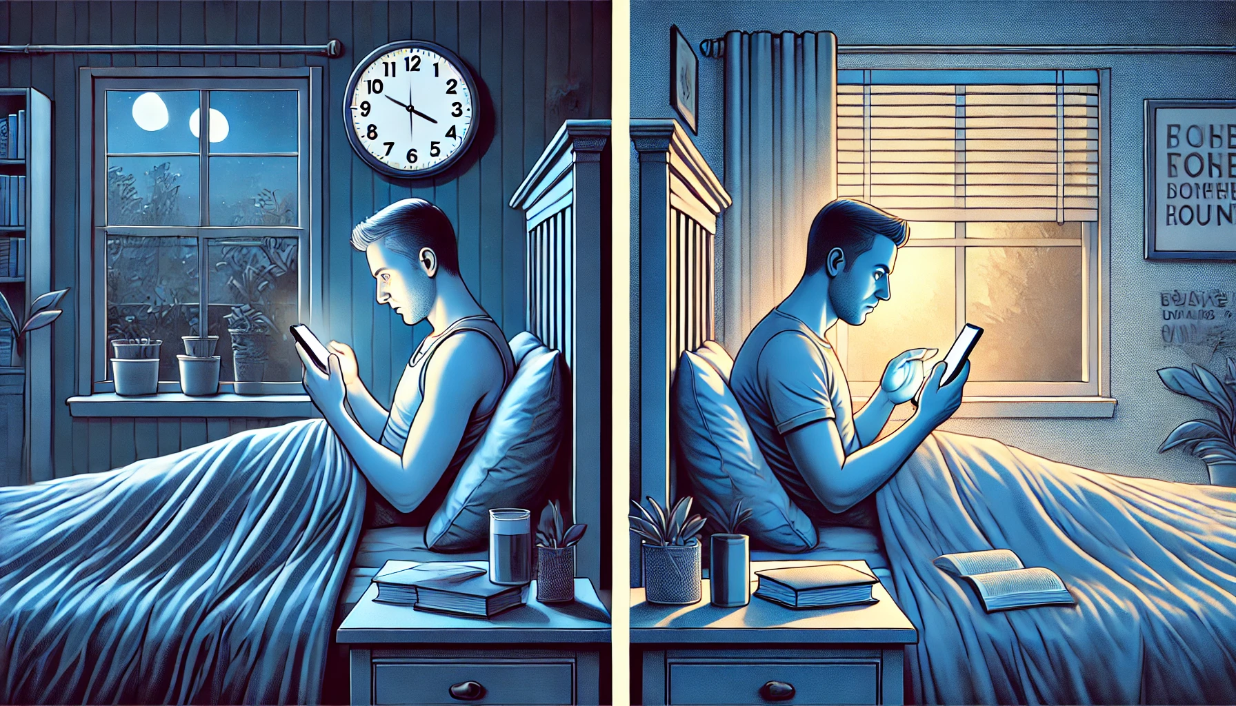 Split-screen illustration showing a Bedtime Routine for Adults. one side with late-night phone use, bright screens, and stress; the other with dim lighting, reading, and calm sleep preparation.