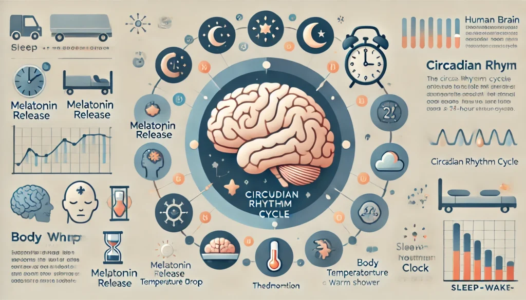 Clean educational infographic showing the human brain and circadian rhythm cycle, explaining how a Bedtime Routine for Adults supports natural sleep-wake regulation.