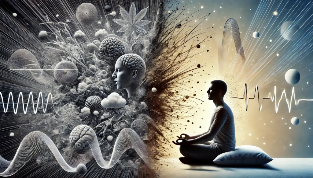 Conceptual split-scene illustration showing Meditation Before Sleep, with a cluttered, restless mind on one side and a calm, focused meditative state on the other.