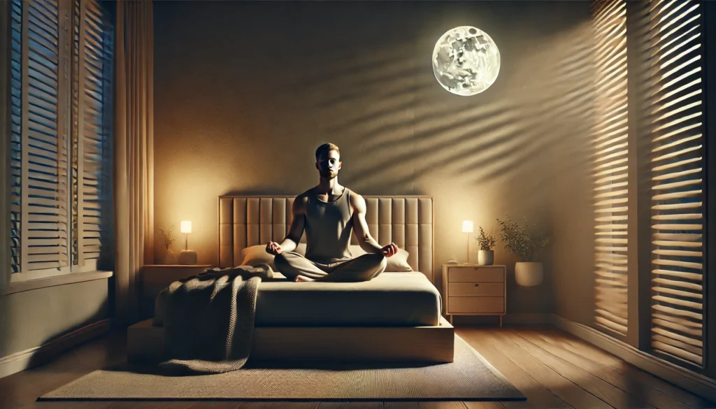A serene nighttime bedroom scene in 16:9 aspect ratio with soft, warm lighting. A person sits calmly on the edge of their bed, practicing meditation before sleep.