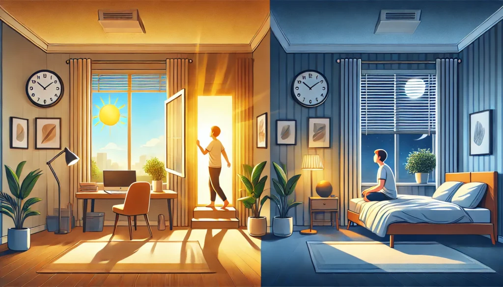 Split-scene illustration showing two times of day, explaining how to improve sleep quality by managing light exposure with bright daylight on one side and dim evening lighting on the other.