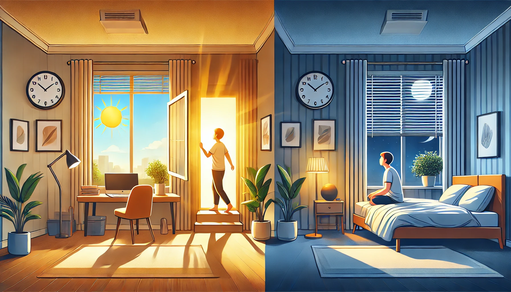 Split-scene illustration showing two times of day, explaining how to improve sleep quality by managing light exposure with bright daylight on one side and dim evening lighting on the other.