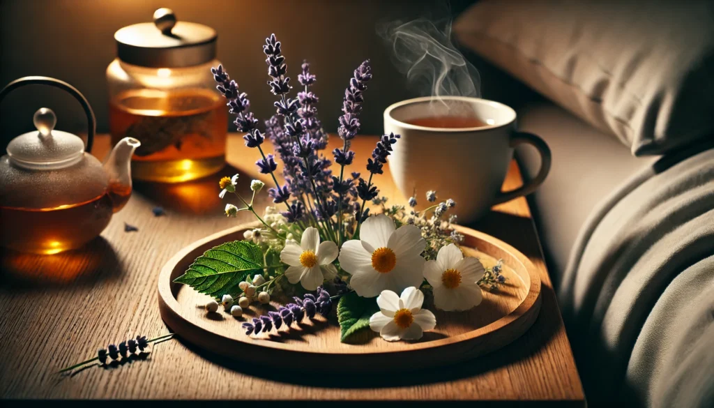 Plants That Help You Sleep — Close-up nighttime scene of a wooden nightstand with calming plants, soft ambient light, and a peaceful, relaxing mood ideal for rest and sleep.