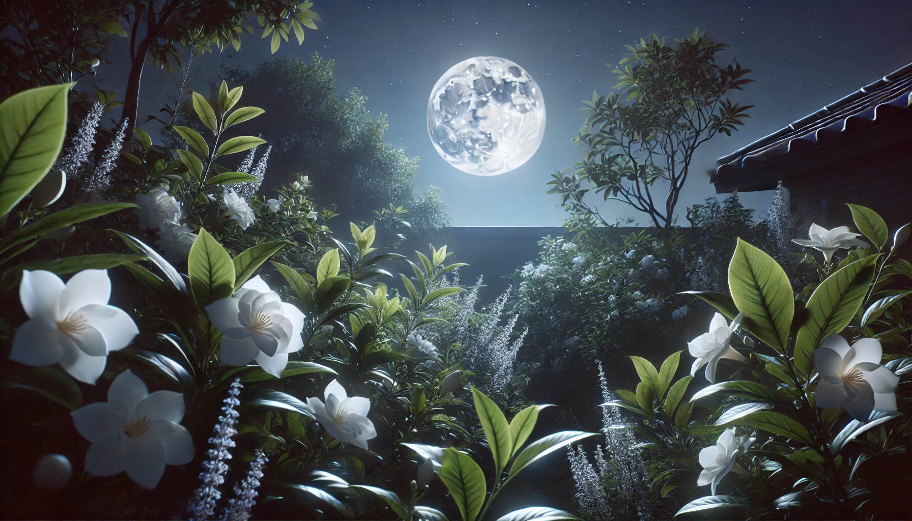 Plants That Help You Sleep — Serene nighttime scene with moonlight filtering softly through gardenia and jasmine plants, creating a calm, sleep-promoting atmosphere.