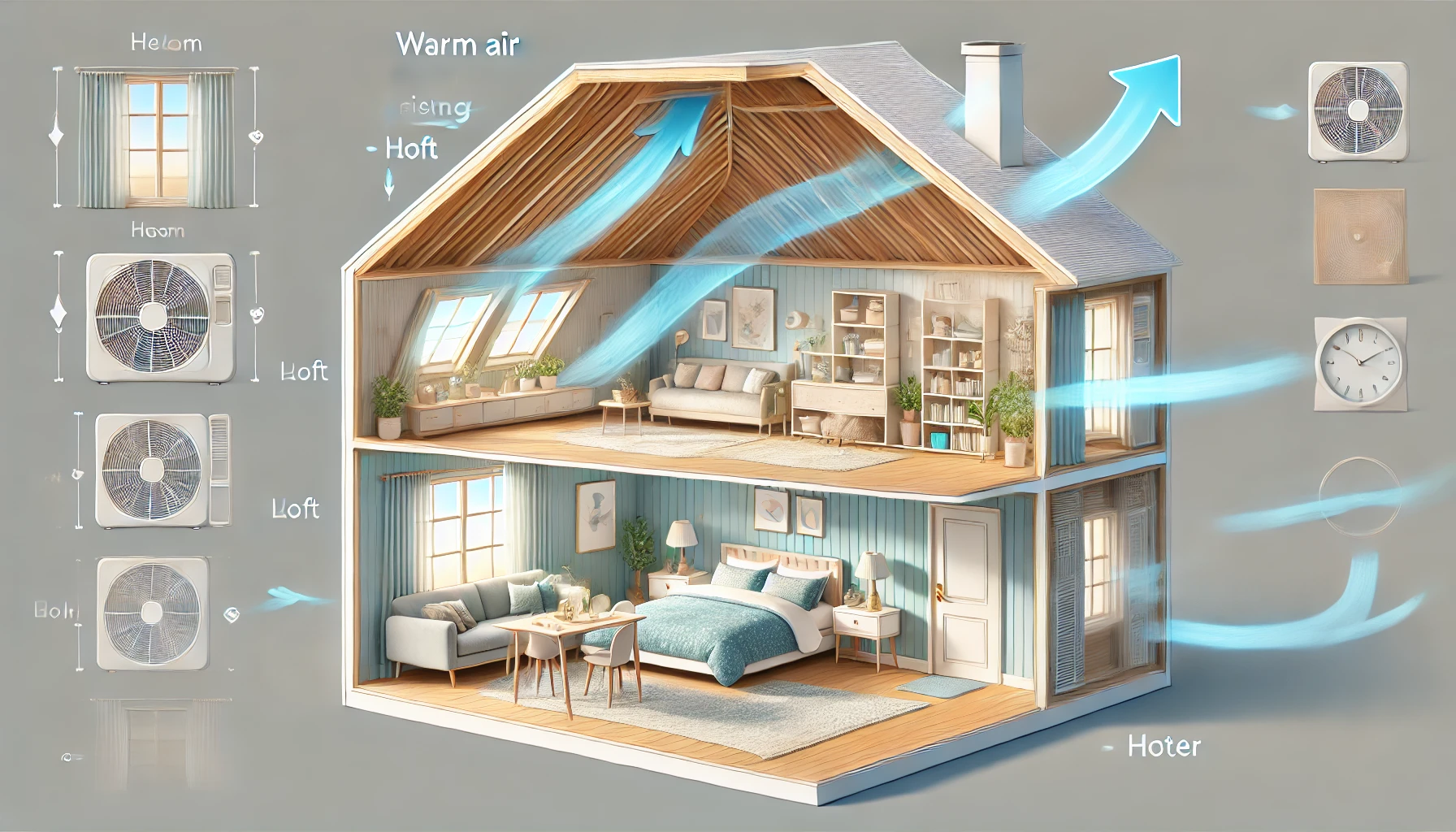 How to Keep Room Cool for Sleep — Cutaway-style 16:9 illustration of a bedroom and roof space, showing simple ways to keep a room cool for sleep.