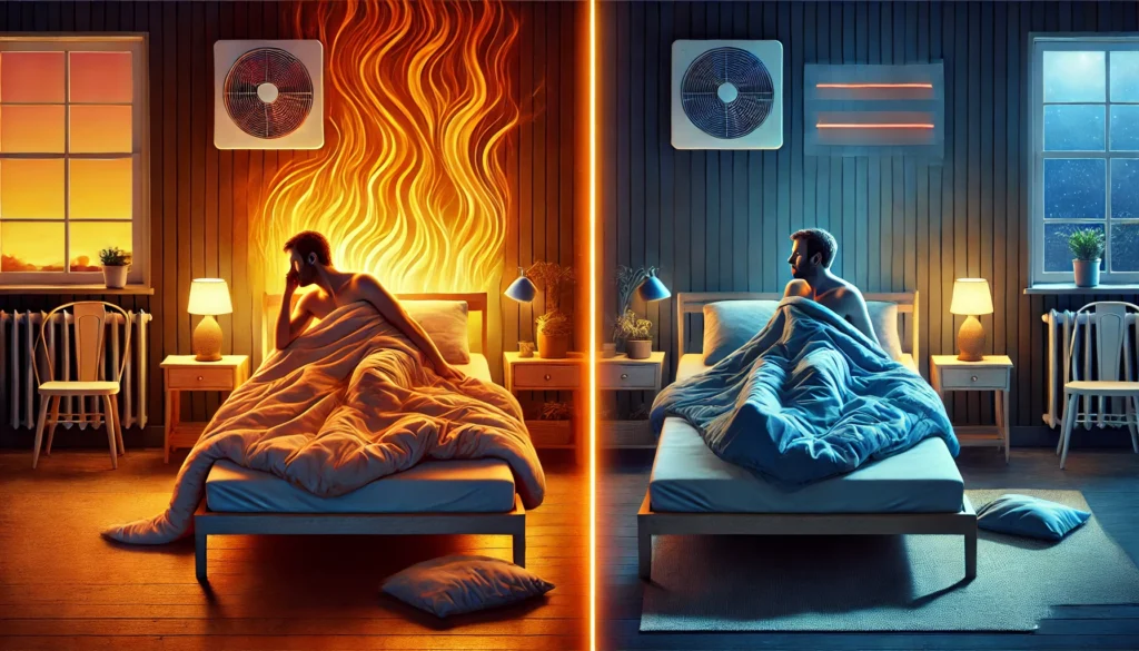 How to Keep Room Cool for Sleep — Split-scene image showing an uncomfortable person awake in bed at night with tangled sheets, illustrating the struggle of sleeping in a warm room.
