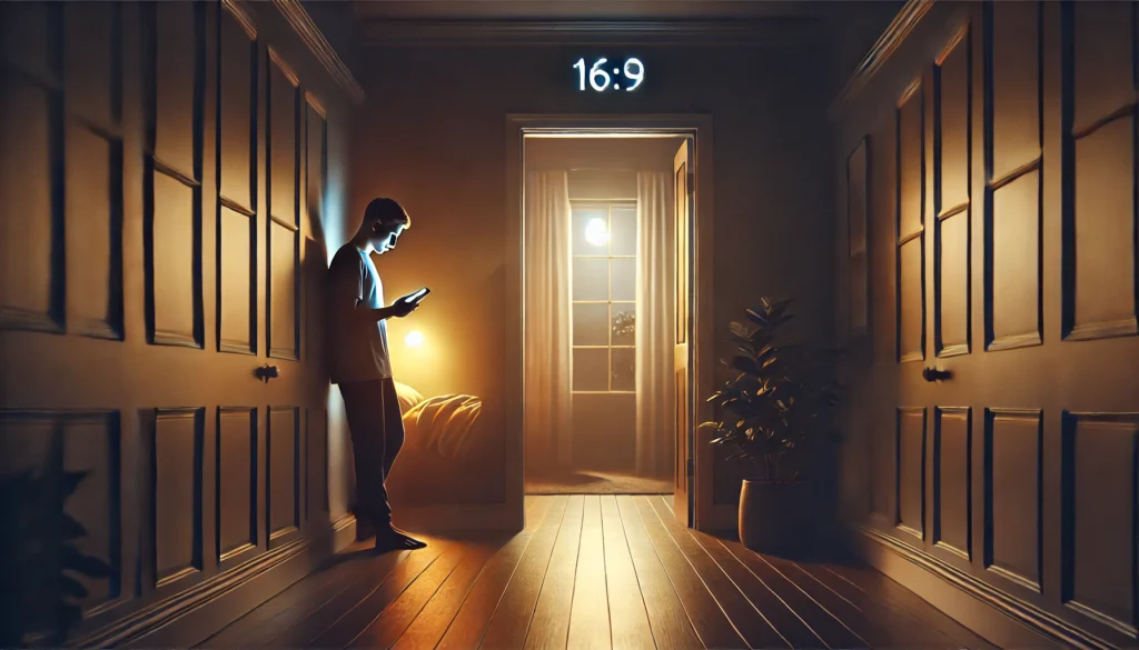 How to Stop Waking Up at Night and Sleep Through — Peaceful 16:9 nighttime scene of a person standing quietly in a dim hallway holding a book, symbolizing a calm, healthy response to nighttime awakenings.