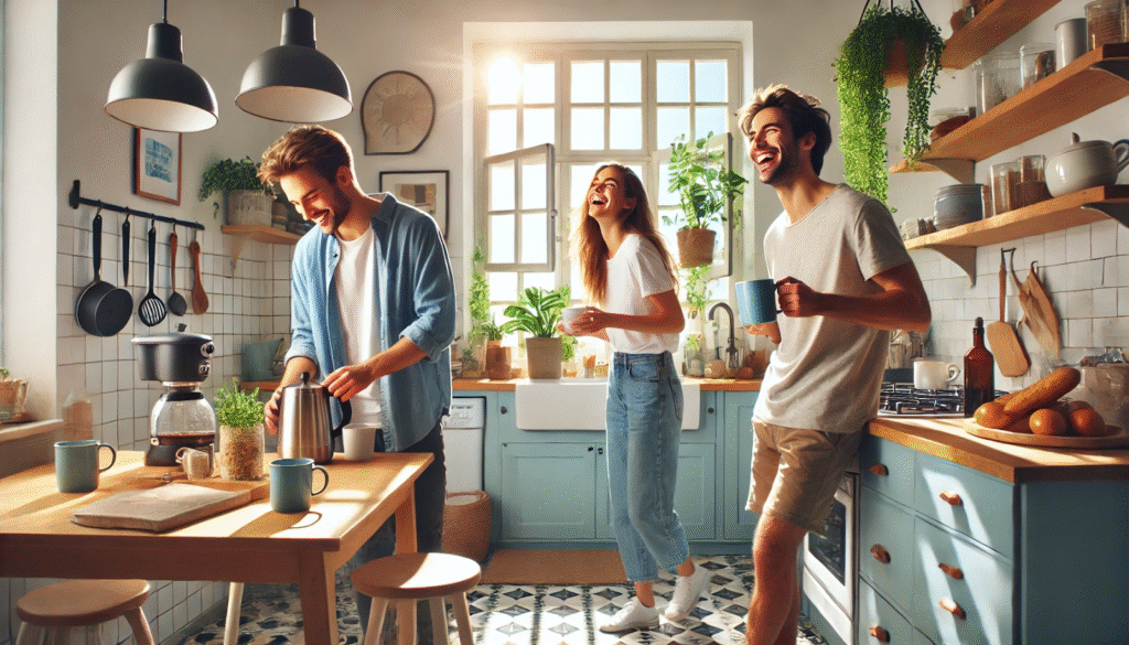 A bright morning kitchen scene with three roommates or a small family laughing and preparing breakfast after a great night’s sleep, reflecting Sleep Hygiene Tips for Better Sleep: Boost Your Energy.