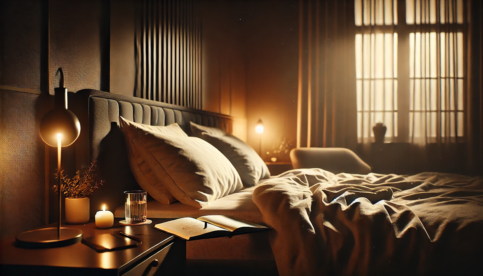 Cinematic, soft-focus nighttime bedroom scene designed as a calm, cozy sanctuary, illustrating how to fall asleep fast.