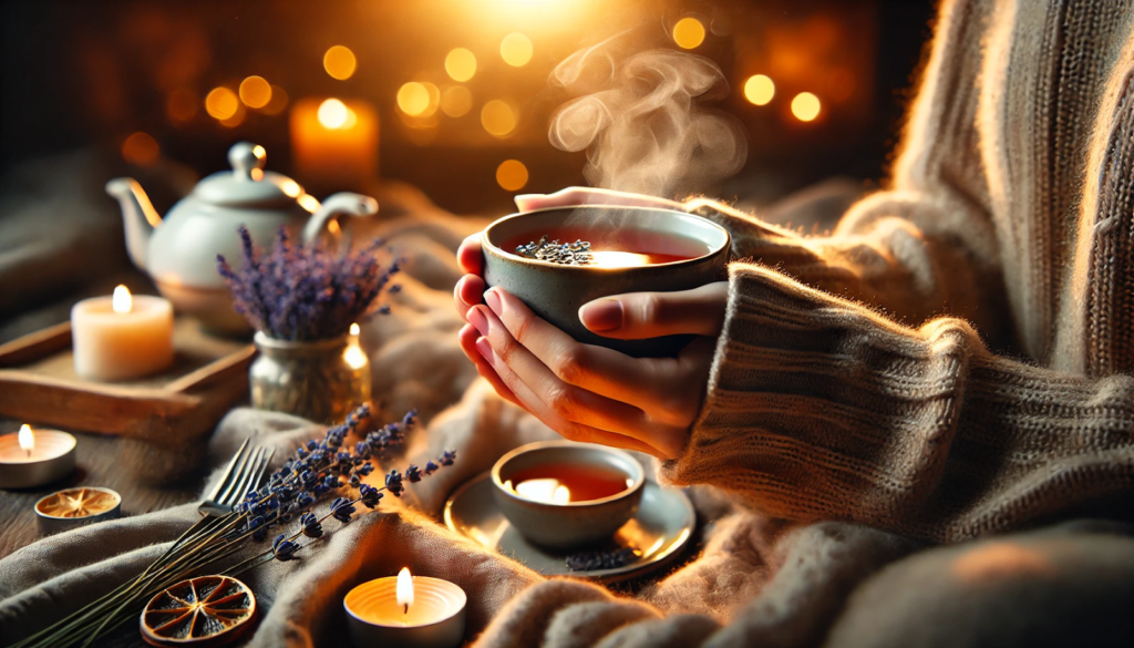 A close-up, ultra-detailed macro shot of hands holding a steaming cup of herbal tea—chamomile, lavender, or mint—with a cozy blanket blurred in the background, highlighting Why Sleep Hygiene Matters.