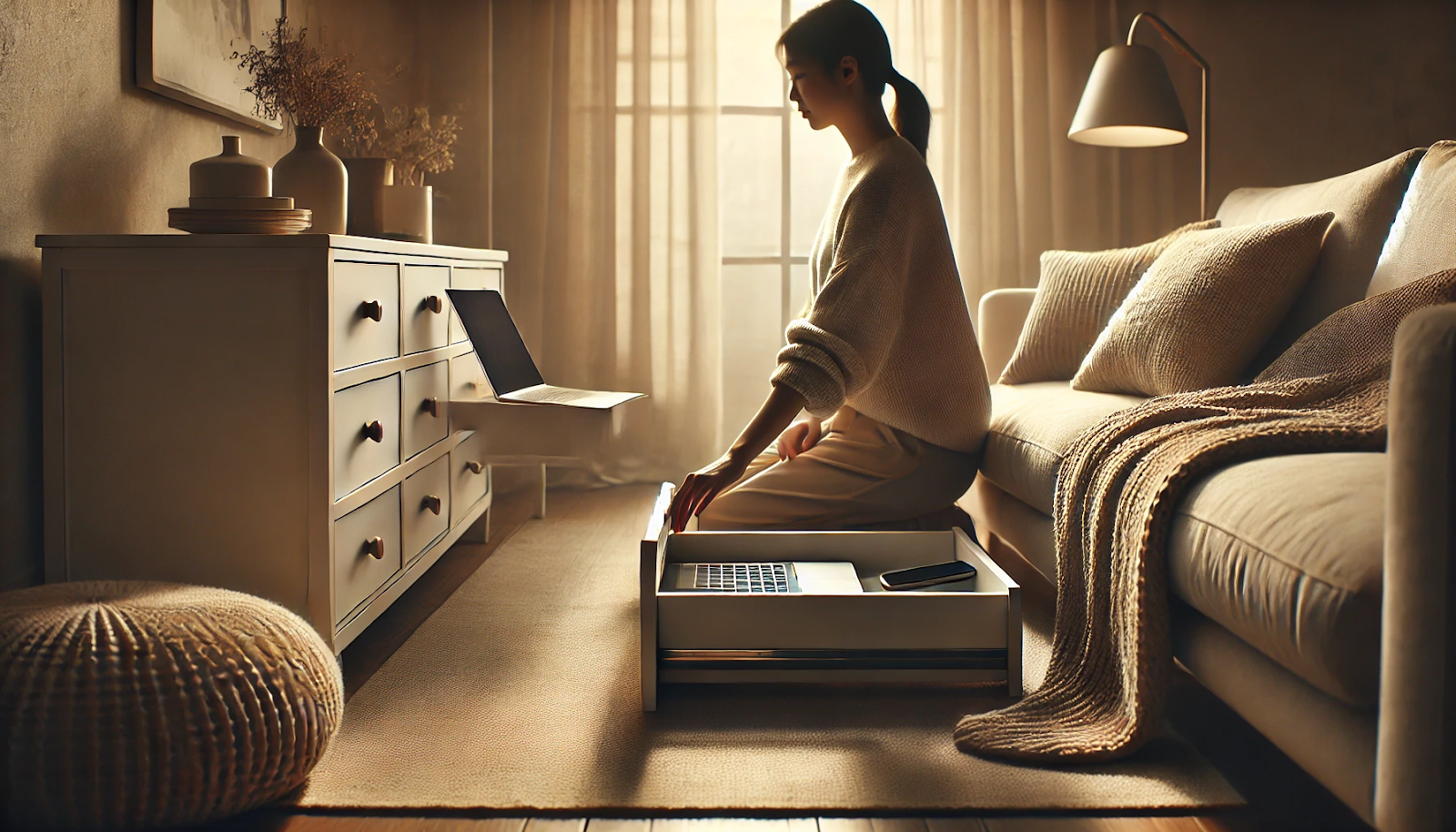 A serene living room scene showing an adult gently closing a laptop and placing a phone into a drawer, illustrating Why Sleep Hygiene Matters.