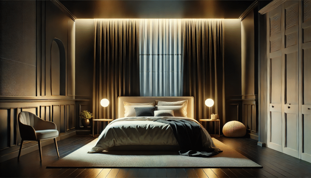 A calm, contemporary bedroom at night with elegant blackout curtains fully drawn across a large window, showcasing Blackout Curtains for Sleeping: Boost Sleep Quality.