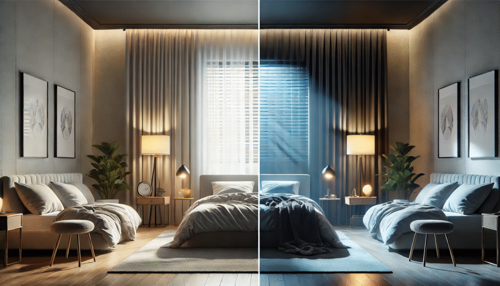 A split-scene visual of a modern bedroom. One half of the room shows a 'before' scenario: regular curtains with light leaks from outside sources like streetlights, early sunrise, or passing headlights.