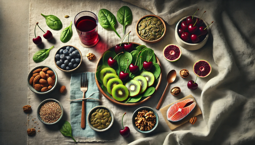 A wooden table displaying a yogurt bowl topped with pumpkin seeds and banana slices, two kiwifruit, a glass of tart cherry juice, and assorted nuts—showcasing foods that help you sleep from The Complete Guide to Night time Nutrition.