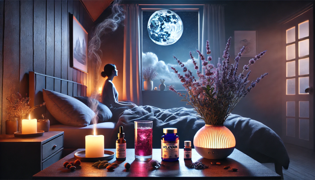 A dreamy, atmospheric bedroom scene blending nature and science, with a peaceful night sky visible through an open window and soft moonlight illuminating the room, reflecting Natural Sleep Remedies.