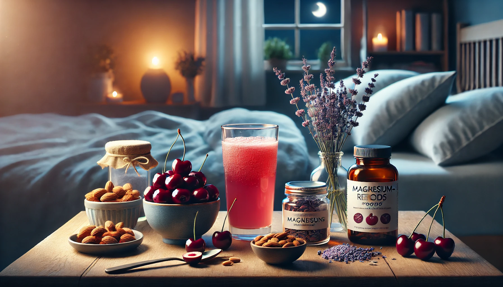 A serene, softly lit still-life scene featuring natural sleep remedies arranged on a wooden bedside table, highlighting Natural Sleep Remedies.